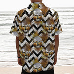 Gold Tropical Skull Pattern Print Textured Short Sleeve Shirt