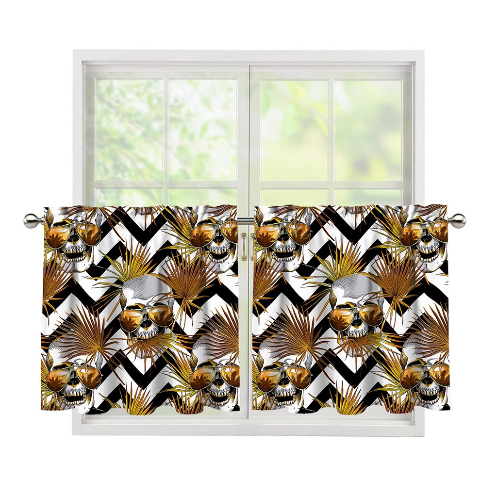 Gold Tropical Skull Pattern Print Tier Curtains