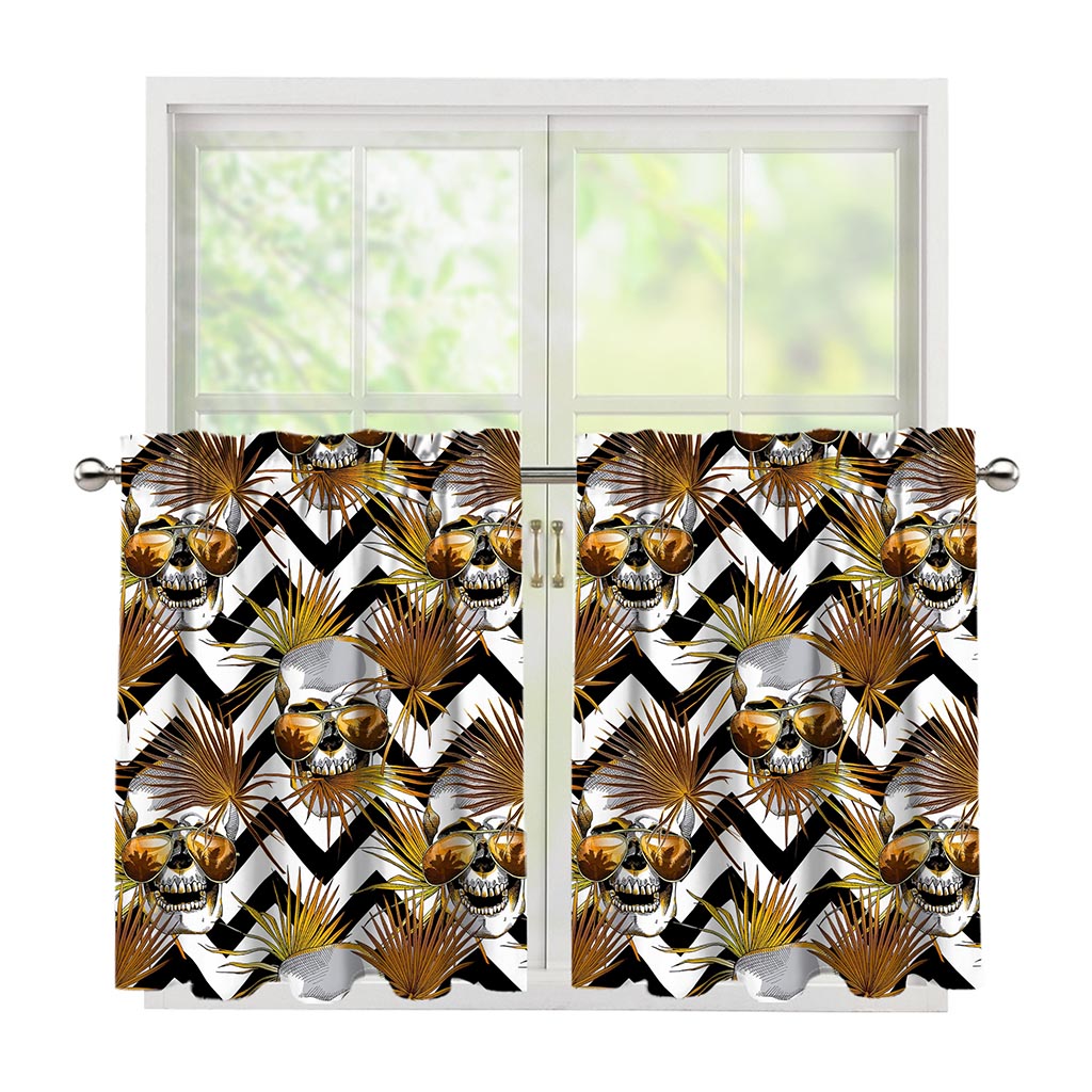 Gold Tropical Skull Pattern Print Tier Curtains