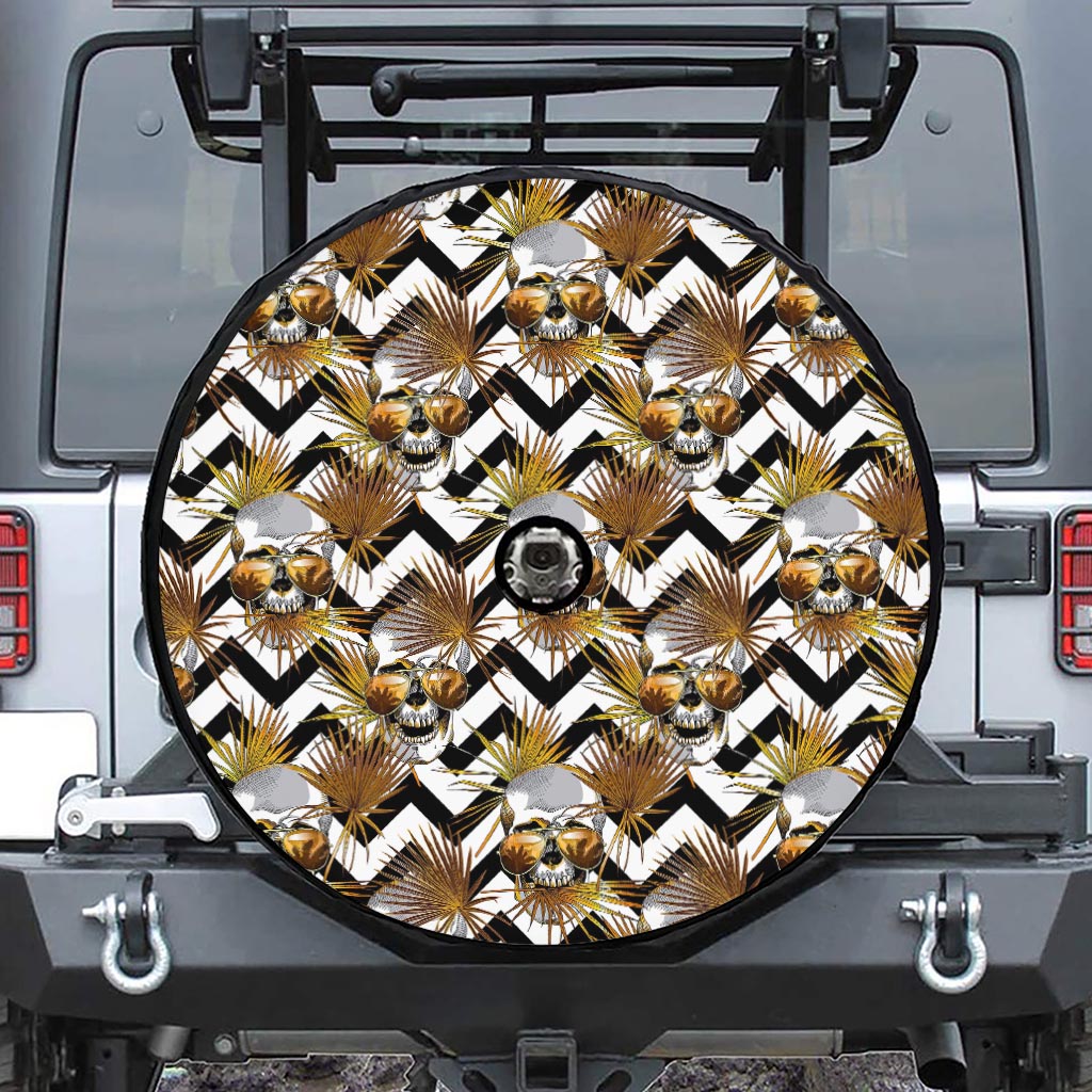 Gold Tropical Skull Pattern Print Tire Cover With Camera Hole