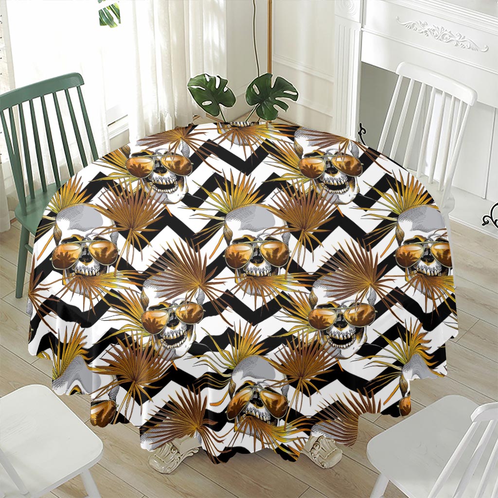 Gold Tropical Skull Pattern Print Waterproof Round Tablecloth