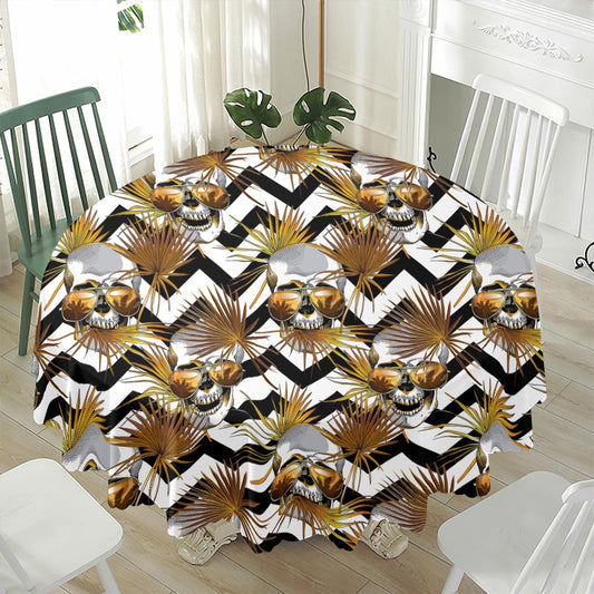 Gold Tropical Skull Pattern Print Waterproof Round Tablecloth