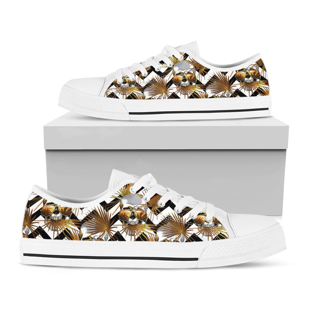 Gold Tropical Skull Pattern Print White Low Top Sneakers