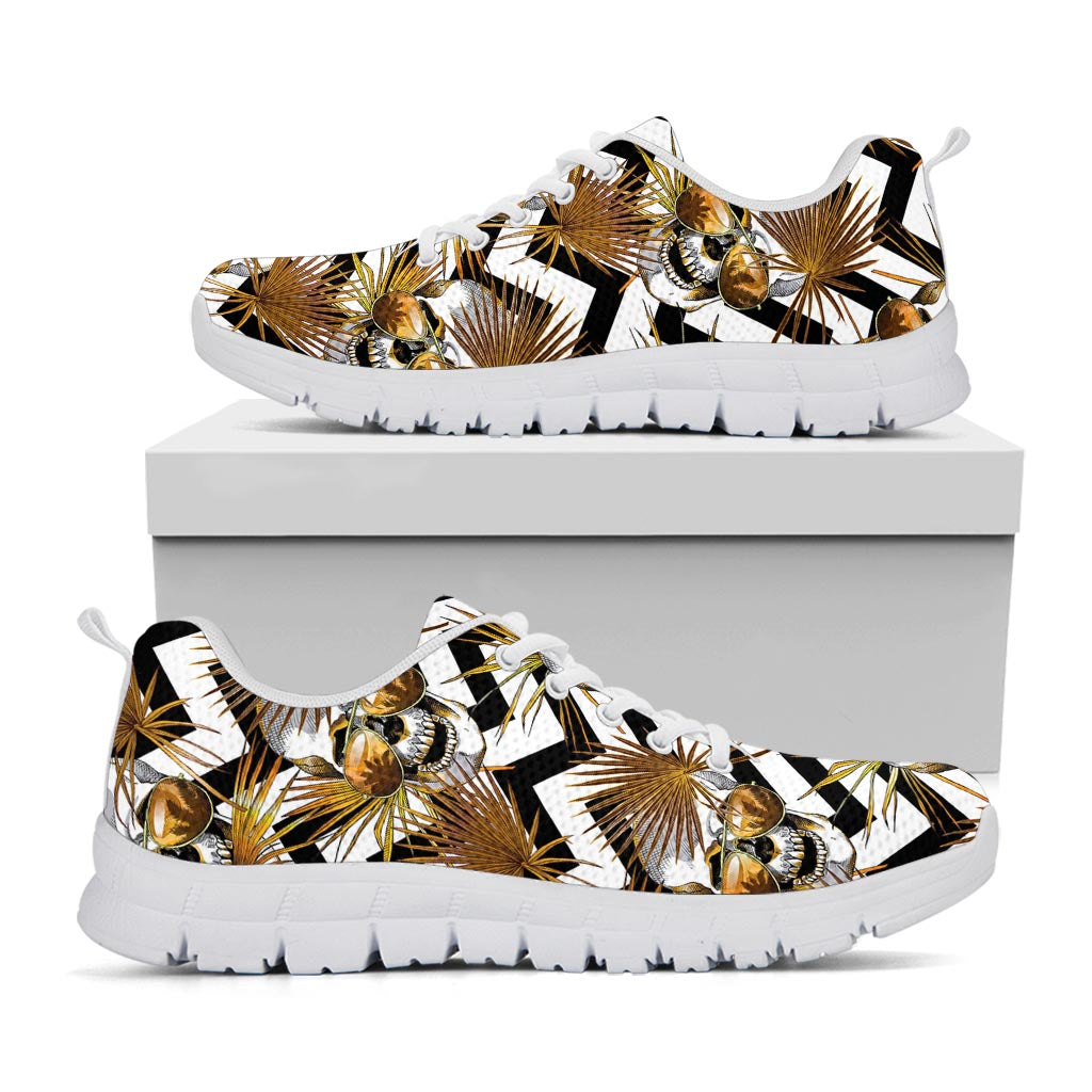 Gold Tropical Skull Pattern Print White Running Shoes