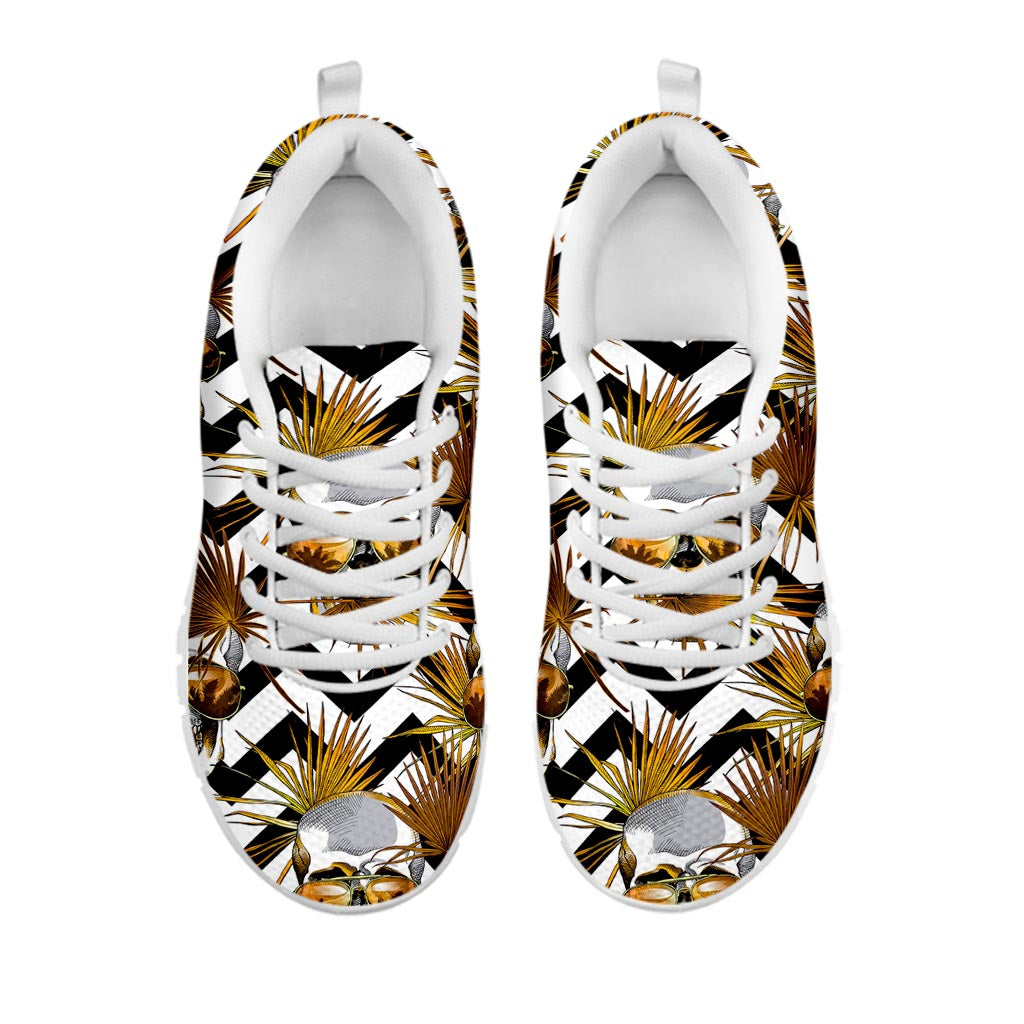 Gold Tropical Skull Pattern Print White Running Shoes