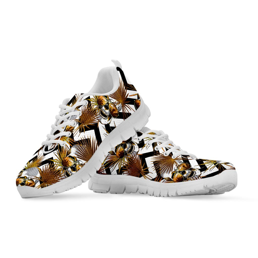 Gold Tropical Skull Pattern Print White Running Shoes