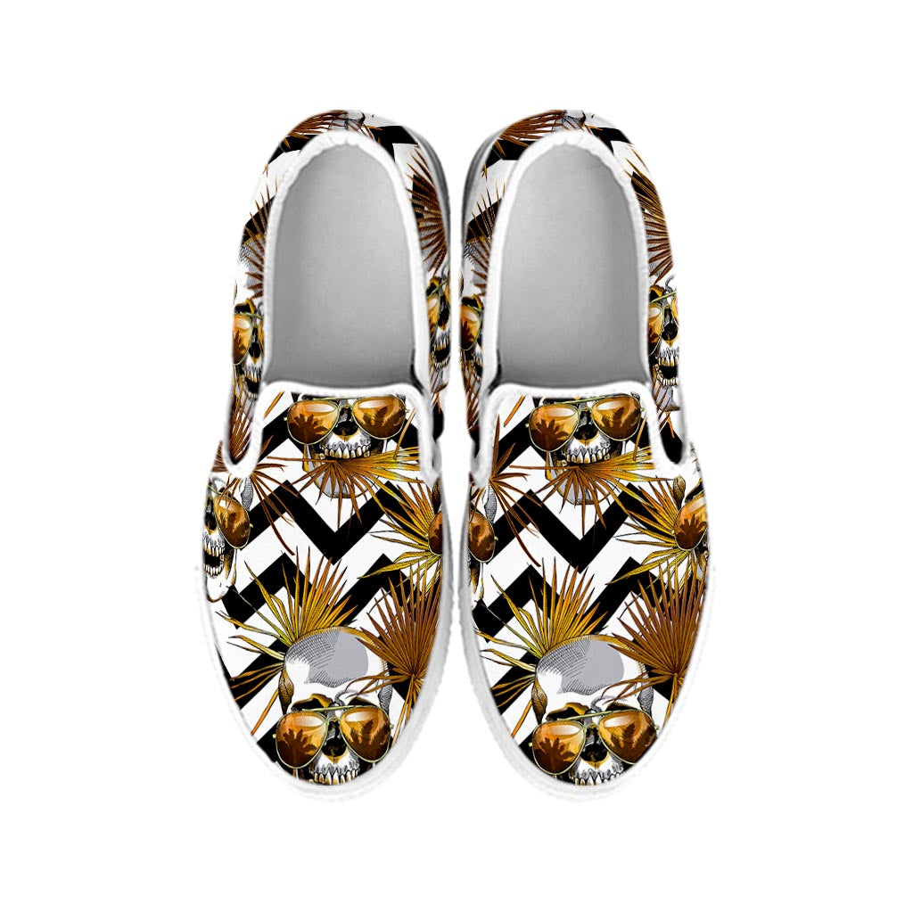 Gold Tropical Skull Pattern Print White Slip On Sneakers