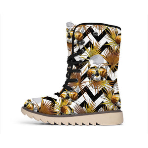 Gold Tropical Skull Pattern Print Winter Boots