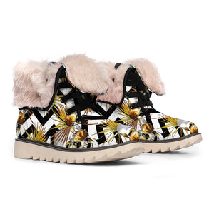 Gold Tropical Skull Pattern Print Winter Boots