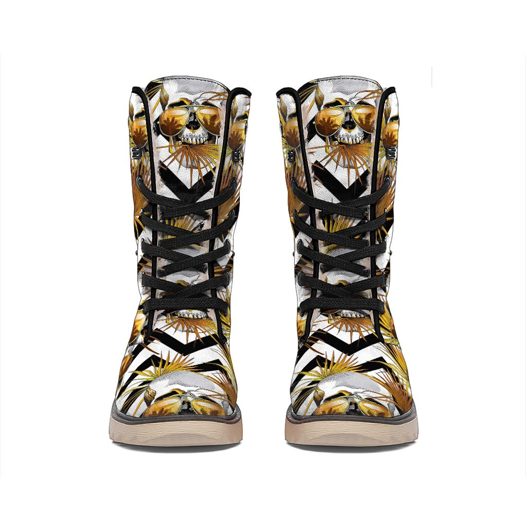 Gold Tropical Skull Pattern Print Winter Boots