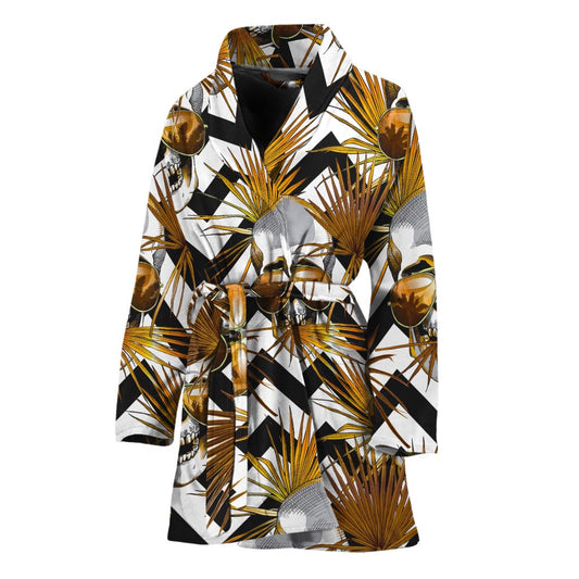 Gold Tropical Skull Pattern Print Women's Bathrobe