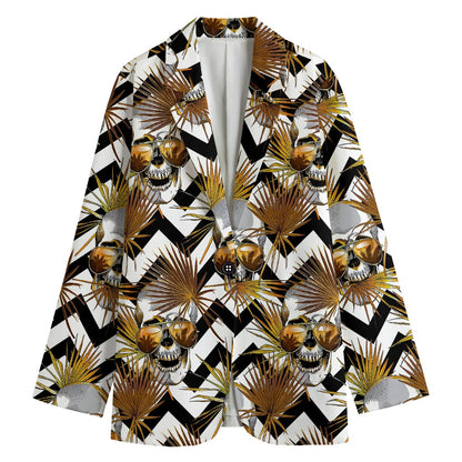 Gold Tropical Skull Pattern Print Women's Blazer