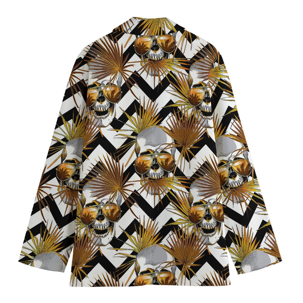 Gold Tropical Skull Pattern Print Women's Blazer