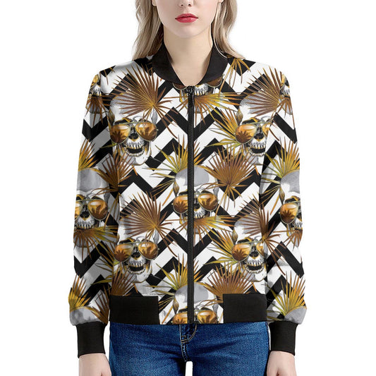 Gold Tropical Skull Pattern Print Women's Bomber Jacket