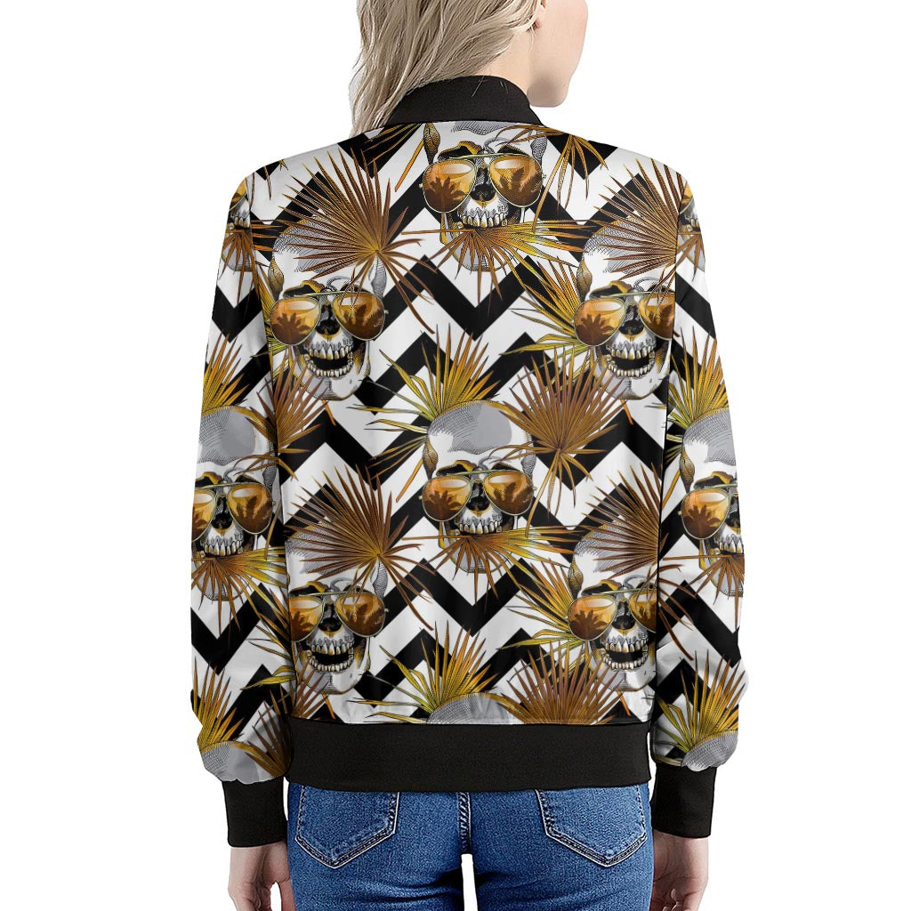 Gold Tropical Skull Pattern Print Women's Bomber Jacket