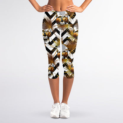 Gold Tropical Skull Pattern Print Women's Capri Leggings