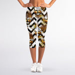 Gold Tropical Skull Pattern Print Women's Capri Leggings