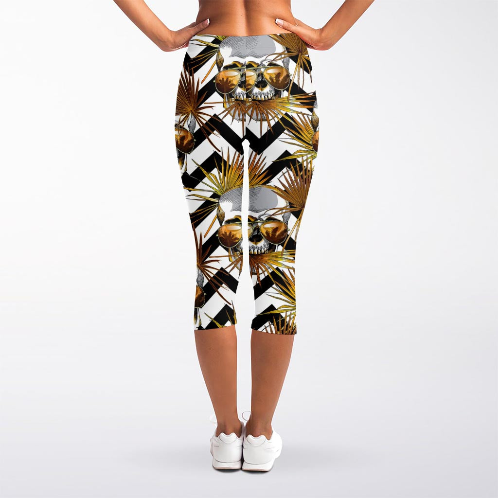 Gold Tropical Skull Pattern Print Women's Capri Leggings