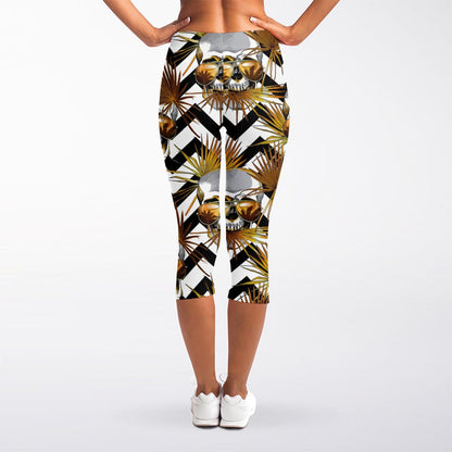 Gold Tropical Skull Pattern Print Women's Capri Leggings
