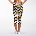 Gold Tropical Skull Pattern Print Women's Capri Leggings