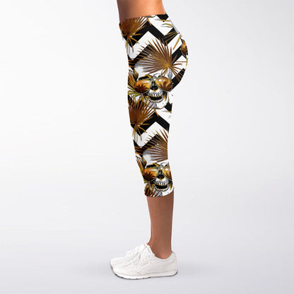 Gold Tropical Skull Pattern Print Women's Capri Leggings