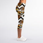 Gold Tropical Skull Pattern Print Women's Capri Leggings