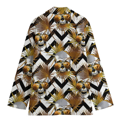 Gold Tropical Skull Pattern Print Women's Cotton Blazer