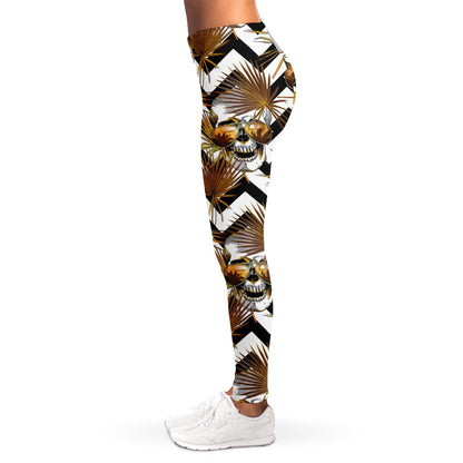 Gold Tropical Skull Pattern Print Women's Leggings