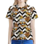 Gold Tropical Skull Pattern Print Women's Polo Shirt