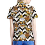 Gold Tropical Skull Pattern Print Women's Polo Shirt