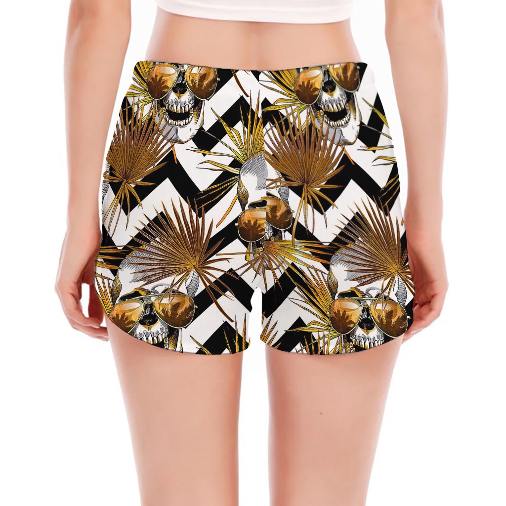 Gold Tropical Skull Pattern Print Women's Split Running Shorts