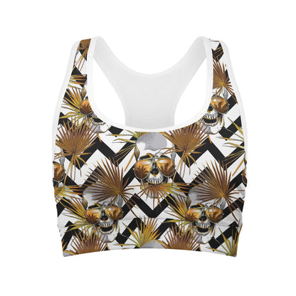 Gold Tropical Skull Pattern Print Women's Sports Bra