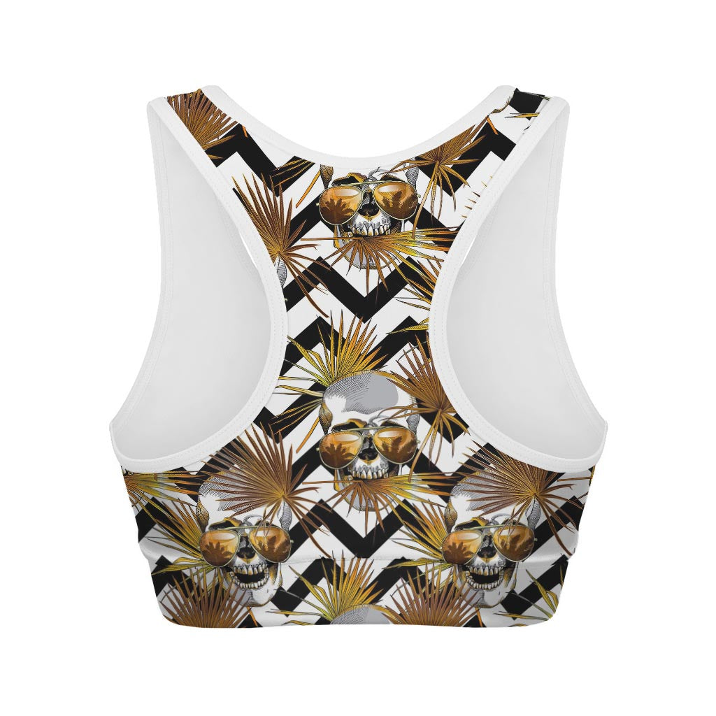 Gold Tropical Skull Pattern Print Women's Sports Bra