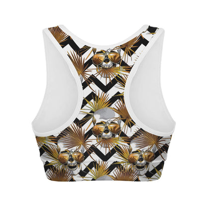 Gold Tropical Skull Pattern Print Women's Sports Bra