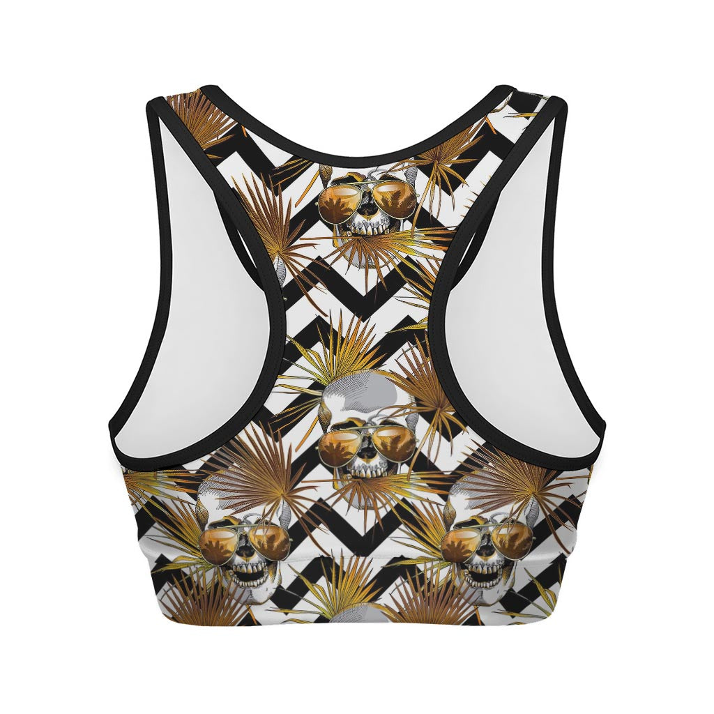 Gold Tropical Skull Pattern Print Women's Sports Bra
