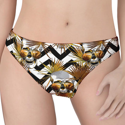 Gold Tropical Skull Pattern Print Women's Thong