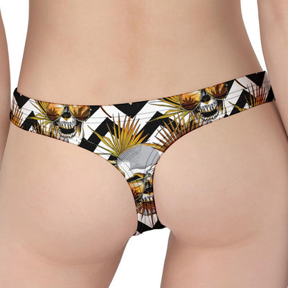 Gold Tropical Skull Pattern Print Women's Thong
