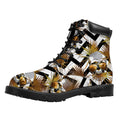 Gold Tropical Skull Pattern Print Padded Collar Lace Up Boots