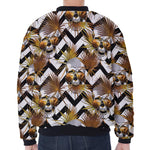 Gold Tropical Skull Pattern Print Zip Sleeve Bomber Jacket