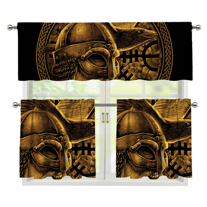 Gold Viking God Odin And Crow Print 3 Piece Kitchen Curtains