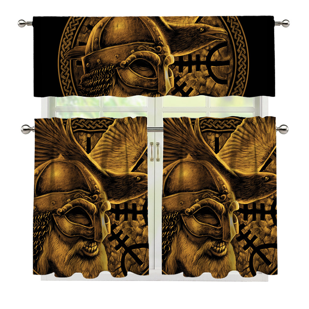 Gold Viking God Odin And Crow Print 3 Piece Kitchen Curtains