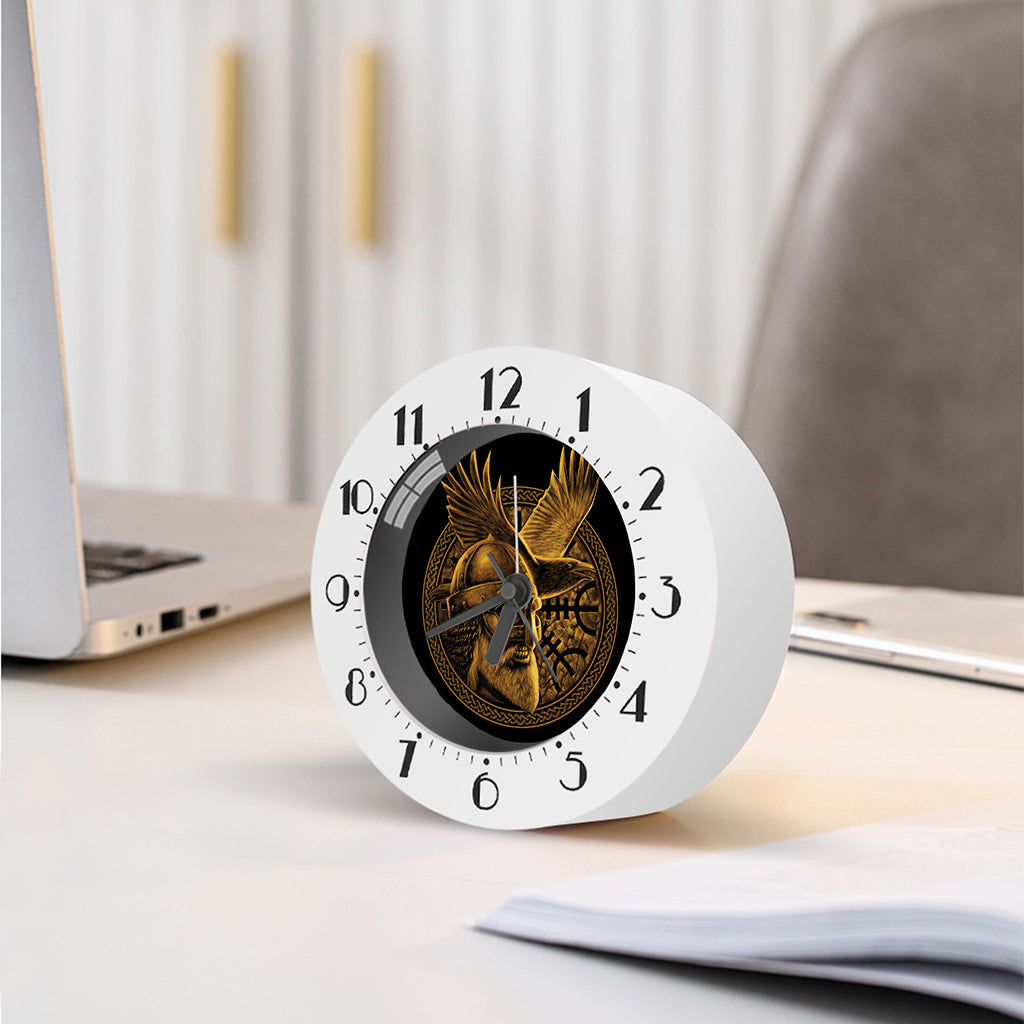 Gold Viking God Odin And Crow Print Alarm Clock