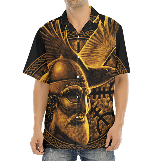 Gold Viking God Odin And Crow Print Aloha Shirt
