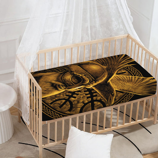 Gold Viking God Odin And Crow Print Baby Crib Sheet