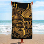 Gold Viking God Odin And Crow Print Beach Towel