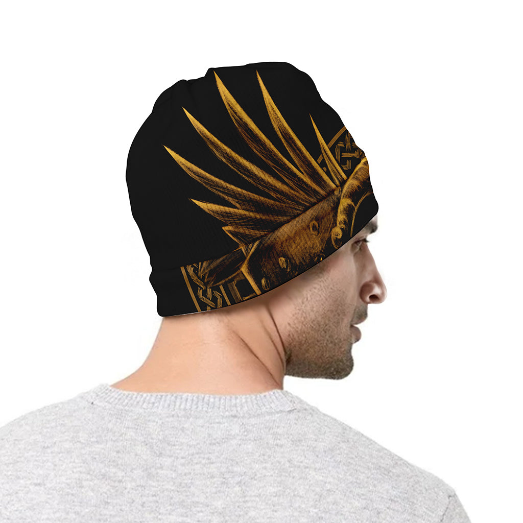 Gold Viking God Odin And Crow Print Beanie