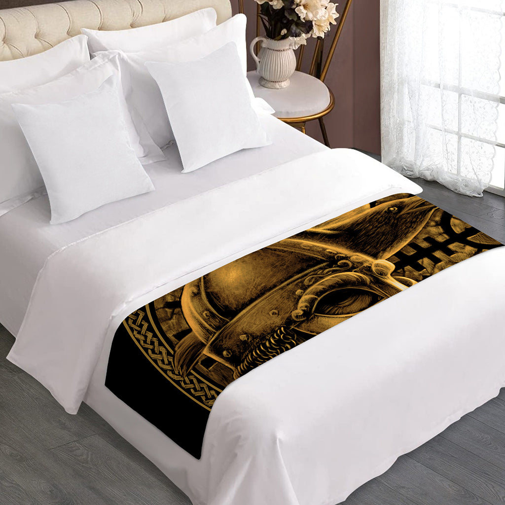 Gold Viking God Odin And Crow Print Bed Runner