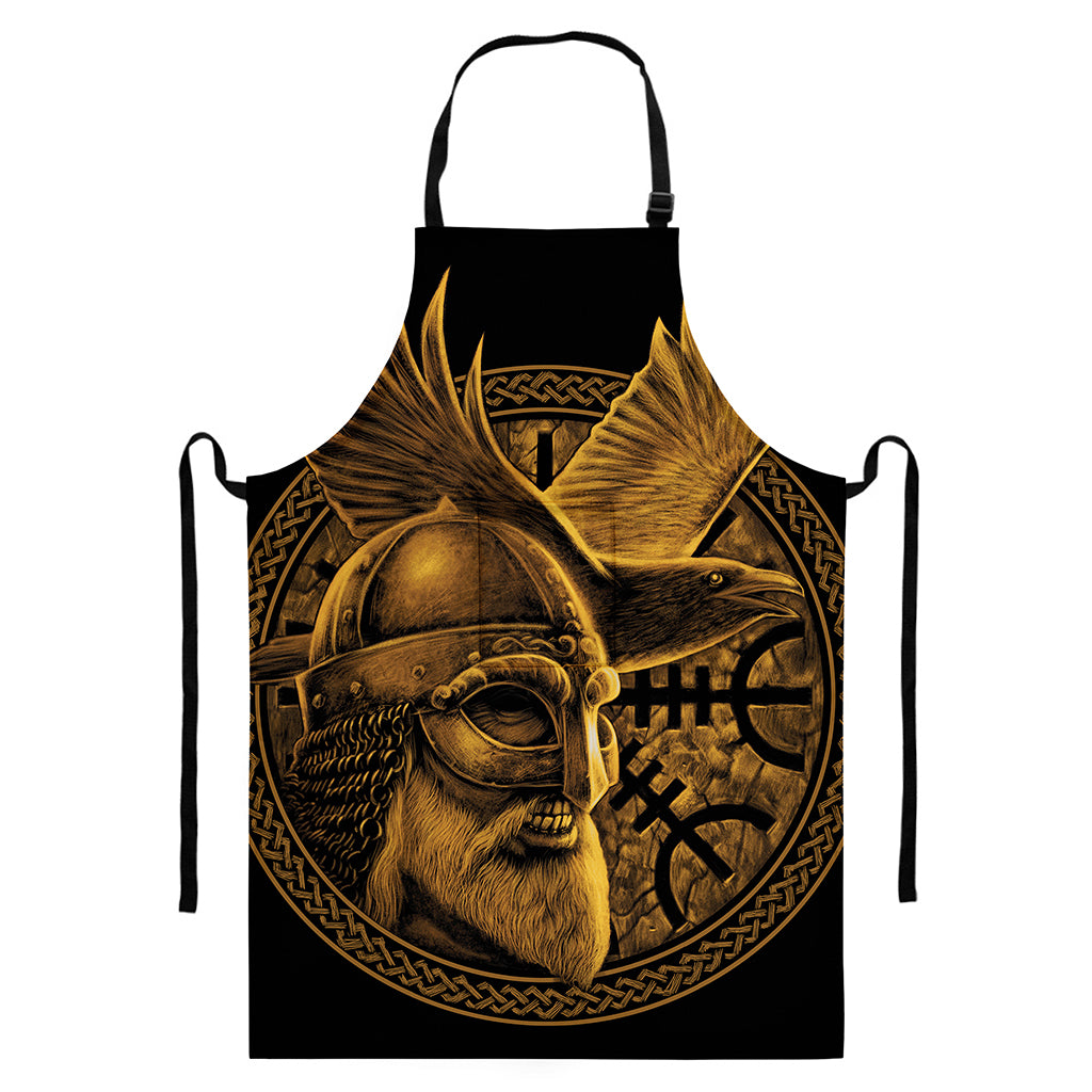 Gold Viking God Odin And Crow Print Bib Apron With Pocket