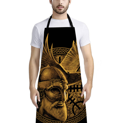 Gold Viking God Odin And Crow Print Bib Apron With Pocket