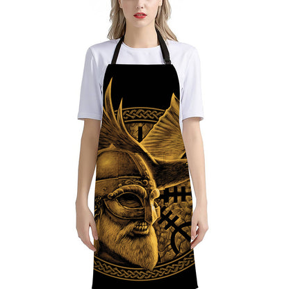 Gold Viking God Odin And Crow Print Bib Apron With Pocket